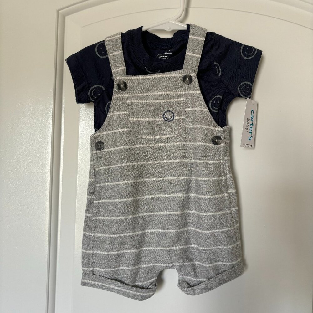 **NWT** Carters Grey, White, & Blue Smiley Face Overalls and T Shirt, 6 months